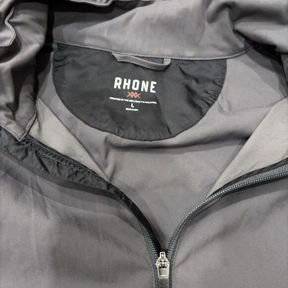 Rhone Tech Jacket Mens L Gray Full Zip Jacket Hidden Hood Rain Wind Retail $120 - Picture 3 of 10